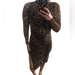 New Ember Leopard Print Long Sleeve Dress with side slit women sz small